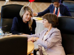 Minister of Foreign Affairs Melanie Joly and French Foreign Minister Catherine Colonna at a G7 foreign ministers' meetings in Tokyo on November 8, 2023.