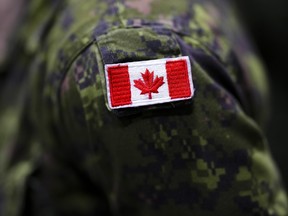 A Canadian soldier takes part in an announcement at Garrison Petawawa in Petawawa, Ont., Thursday, Oct. 19, 2023.