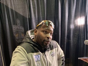 Jermarcus Hardrick of the Winnipeg Blue Bombers speaks at Grey Cup media day ahead of the CFL Awards, slated for Thursday night in Niagara Falls.