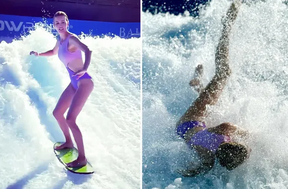 Ivanka Trump wiped out while surfing in a purple swimsuit.