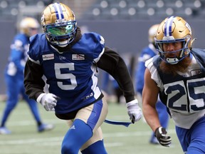 Blue Bombers defensive end Willie Jefferson, shown dropping into pass coverage at practice on Wednesday, was named a CFL all-star for the fifth time in his career.