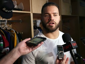 Running back Brady Oliveira meets with media as the Winnipeg Blue Bombers cleaned out the locker room on Tuesday.
