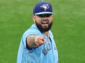 Toronto Blue Jays starting pitcher Alek Manoah reacts following a pitch against the San Diego Padres last season.