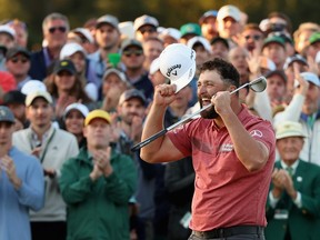 Jon Rahm of Spain celebrates on the 18th green after winning the 2023 Masters Tournament.