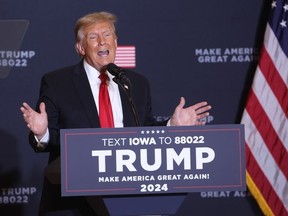 Republican presidential candidate, former President Donald Trump speaks during a campaign event at the Hyatt Hotel on December 13, 2023 in Coralville, Iowa.