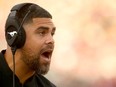 Former Stamps coach Corey Mace on the sidelines during CFL football action between the Saskatchewan Roughriders and the Calgary Stampeders at McMahon Stadium in Calgary on Saturday, October 2, 2021.