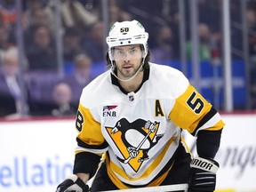 Pittsburgh Penguins' Kris Letang plays during an NHL hockey game, Monday, Dec. 4, 2023, in Philadelphia.
