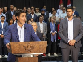 Primer Minister Justin Trudeau, flanked by Sean Fraser, Minister of Housing, Infrastructure and Communities announced in London, that they would remove the GST from construction of new rental apartments, Sept. 14, 2023.