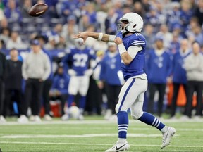 Colts quarterback Gardner Minshew II throws a pass against the Steelers at Lucas Oil Stadium in Indianapolis, Saturday, Dec. 16, 2023.