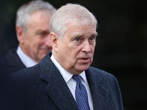 Britain's Prince Andrew, Duke of York leaves after attending for the Royal Family's traditional Christmas Day service at St Mary Magdalene Church in Sandringham in eastern England, on December 25, 2023.