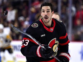 'Faith ... family ... friends ... those will be the pillars of your life when all this goes away,' said Ottawa Senators defenceman Travis Hamonic, seen during warmup before a game against the Pittsburgh Penguins on Saturday night.