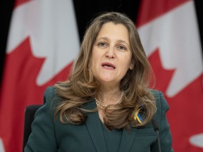 Finance Minister Chrystia Freeland speaks during a weekly news conference in Ottawa, Tuesday, Dec. 12, 2023.