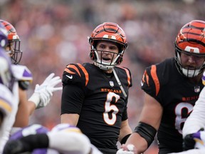 Jake Browning of the Cincinnati Bengals calls a play in the second half of the game against the Minnesota Vikings at Paycor Stadium on Dec. 16, 2023 in Cincinnati, Ohio.