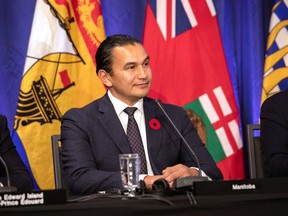 Manitoba Premier Wab Kinew looks on during a press conference at the meeting of the Council of the Federation in Halifax, Monday, Nov. 6, 2023.