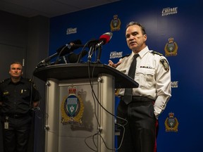 Winnipeg Police Service Chief Danny Smyth speaks about a shooting at a home on November 26, during a press conference in Winnipeg on Monday, November 27, 2023. Smyth told the city's police board that he plans to retire on Sept. 3, 2024 after nearly four decades with the force, seven of those as chief of police. Smyth also serves as the president of the Canadian Association of Chiefs of Police.