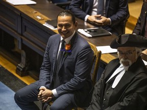 Manitoba Premier Wab Kinew is seen in the legislative assembly at the Manitoba Legislative Building in Winnipeg on Tuesday, Nov. 21, 2023. The Manitoba government is changing its rebate system for education taxes on property but is unable, for now, to fulfil its promise to stop giving rebates to out-of-province billionaires.THE CANADIAN PRESS/Aaron Vincent Elkaim