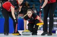 Rachel Homan watches her shot while playing Nova Scotia in the playoffs at the Scotties Tournament of Hearts, in 2023.