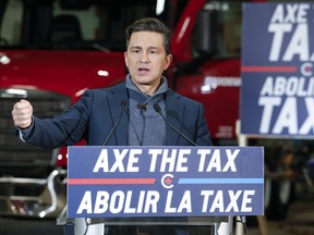 Pierre Poilievre, leader of the Conservative Party of Canada, holds a press conference at Gardewine Transport in Winnipeg Friday, Jan. 12, 2023.