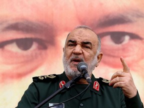 The head of Iran's Islamic Revolutionary Guard Corps, Hossein Salami, delivers a speech in Tehran, on December 28, 2023.