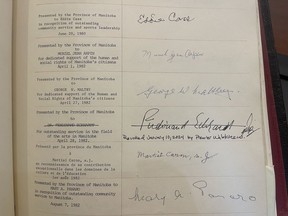 The name of Ferdinand Eckhardt is shown on the ledger of the Order of the Buffalo Hunt in a Jan. 10, 2024, handout photo. Manitoba Premier Wab Kinew crossed out Eckhardt's name after a report Eckhardt was a Nazi supporter in the 1930s.