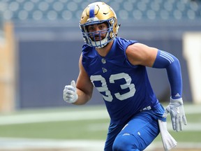 Defensive lineman Craig Roh runs a drill during Winnipeg Blue Bombers practice in 2019.