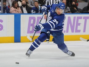 Maple Leafs' Auston Matthews unloads a slap shot at Scotiabank Arena.