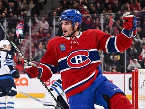 Sean Monahan of the Montreal Canadiens celebrates a goal