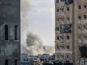 Smoke billows during Israeli bombardment east of Rafah