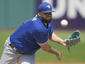 Toronto Blue Jays' Alek Manoah pitches in the first inning of a baseball game against the Cleveland Guardians Thursday, Aug. 10, 2023, in Cleveland. (AP Photo/Sue Ogrocki)