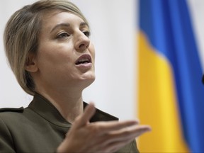 Canada's Foreign Minister Melanie Joly speaks to the media during a press conference with Ukraine's Foreign Minister Dmytro Kuleba in Kyiv, Ukraine, on Friday, Feb. 2, 2024.