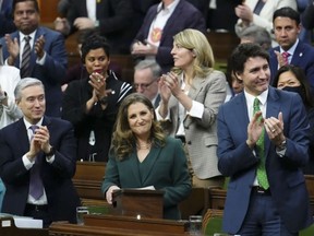 Deputy Prime Minister and Minister of Finance Chrystia Freeland receives applause as she delivers the federal budget in the House of Commons on Parliament Hill in Ottawa on Tuesday, March 28.