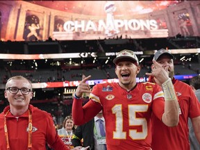 Kansas City Chiefs quarterback Patrick Mahomes celebrates after winning Super Bowl 58 Sunday, Feb. 11, 2024, in Las Vegas.