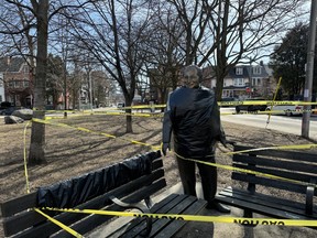 The statue of King of Kensington Al Waxman was hit with anti-Semitic graffiti this weekend and as of Sunday was still not cleaned up -- Kevin Vuong photo
