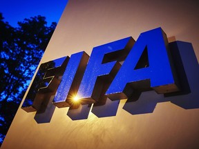 The FIFA logo is pictured at the FIFA headquarters on June 2, 2015 in Zurich.
