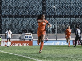 Captain Annabelle Chukwu celebrates one of her three goals in Canada's 5-0 opening win over Puerto Rico on Friday, Feb. 2, 2024, at the CONCACAF Women's Under-17 Championship in Toluca, Mexico.