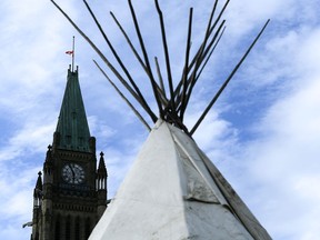 A teepee is seen on Parliament Hill in Ottawa, on Thursday, Aug. 19, 2021. Chief Lynn Acoose of Zagime Anishinabek, home to several First Nations in southeastern Saskatchewan, has filed a proposed class-action lawsuit against the federal government.