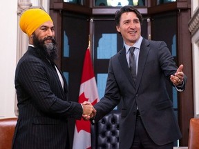 NDP leader Jagmeet Singh and Prime Minister Justin Trudeau on Parliament Hill in Ottawa.