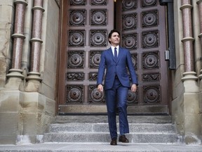 Canadian Prime Minister Justin Trudeau waits for the arrival of Ecuadoran President Daniel Noboa during a welcoming ceremony on Parliament Hill in Ottawa, Canada, on March 5, 2024.