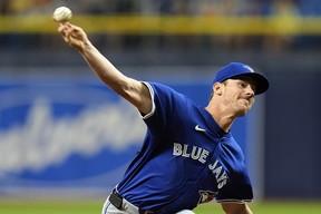 Blue Jays starting pitcher Chris Bassitt delivers to the Tampa Bay Rays during the first inning on Friday, March 29, 2024, in St. Petersburg, Fla.
