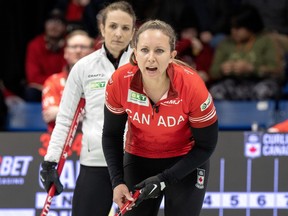 Canada skip Rachel Homan calls a shot as Switzerland skip Silvana Tirinzoni looks on during World Women's Curling Championship gold medal action in Sydney, N.S. on Sunday. , March 24, 2024. THE