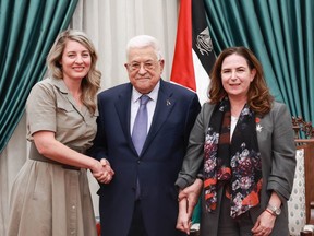 Foreign Affairs Minister Melanie Joly along with Palestinian President-for-life Mahmoud Abbas and Ya’ara Saks, MP for York Centre.
