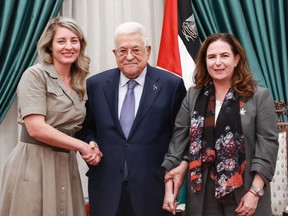 From left, Foreign Minister Melanie Joly, Palestinian Authority President Mahmoud Abbas and MP Ya'ara Saks.