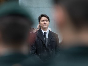 Prime Minister Justin Trudeau looks on following a State funeral for former Canadian Prime Minister Brian Mulroney at Notre-Dame Basilica in Montreal, Canada, on March 23, 2024.
