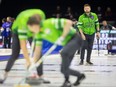 Skip Mike McEwen watches the rock go down the ice as Team Saskatchewan takes on Team Prince Edward Island in Pool B action to open the 2024 Montana's Brier inside the Brandt Centre on Friday, March 1, 2024 in Regina.