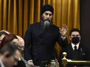 NDP Leader Jagmeet Singh rises during Question Period in the House of Commons on Parliament Hill in Ottawa on Thursday, Feb. 29, 2024.