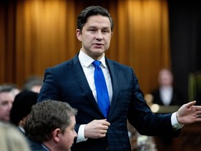 Pierre Poilievre rises during question period on Parliament Hill in Ottawa, on Wednesday, March 20, 2024. A spokesman for a regional Muslim advocacy group says the Conservative leader's stance on the Israel-Hamas war could complicate his party's relationship with Muslim Canadians.