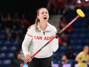 Canada's skip Rachel Homan directs the line of her stone during World Women's Curling Championship action against Japan in Sydney, N.S. on Wednesday, March 20, 2024.