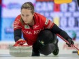 Canada skip Rachel Homan delivers a shot in World Women's Curling Championship action against Scotland in Sydney, N.S. on Friday.