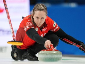 Canada's skip Rachel Homan delivers a stone during World Women's Curling Championship action against the United States in Sydney, N.S. on Sunday, March 17, 2024.