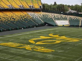The Edmonton Elks may be looking to sell to a private ownership group for the first time in the franchise's 75-year history. The logo for the Edmonton Elks is seen at Commonwealth Stadium in Edmonton, Tuesday, June 1, 2021.